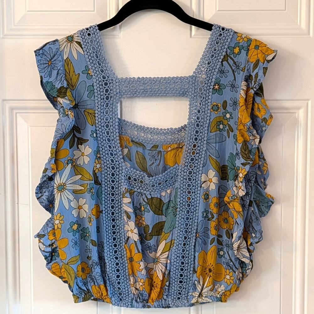 Angie Blue Floral Crochet Lace Flutter Sleeve Boho Blouse Top Small - Picture 3 of 5